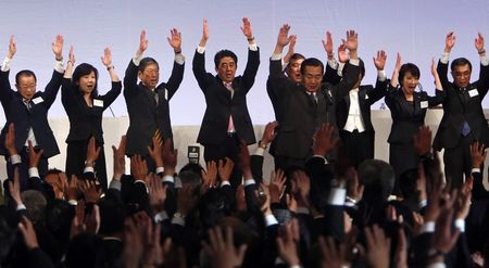 © Reuters. File picture shows Japan's Prime Minister Shinzo Abe with his hands in the air during the annual Liberal Democratic Party convention in Tokyo