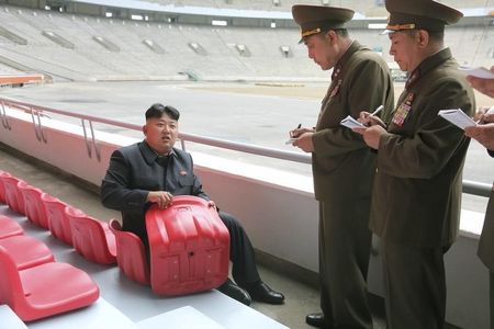 © Reuters. North Korean leader Kim Jong Un gives field guidance to the remodelling site of the May Day Stadium in this undated photo released by North Korea's Korean Central News Agency (KCNA) in Pyongyang