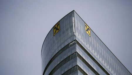 © Reuters. The logo of Raiffeisen Bank International (RBI) is pictured on one of its branches in Vienna