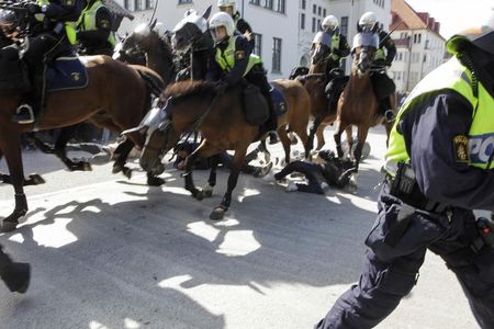 © Reuters. خيالة الشرطة في السويد تدوس متظاهرين متناحرين