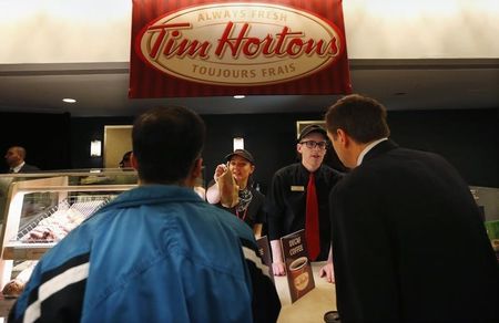 © Reuters. Tim Hortons employees serve shareholders before the company's annual general meeting in Toronto