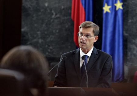 © Reuters. Miro Cerar, leader of the Miro Cerar's Party speaks during a parliament session in Ljubljana