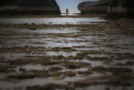 © Reuters. A boy fishes on the rocky east coast of Natuna Besar