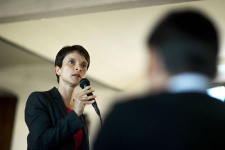 © Reuters. AfD top-candidate in upcoming Saxony state election Petry speaks to supporters in Freital