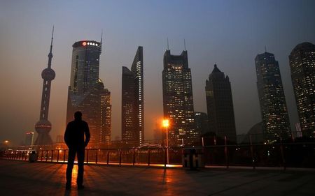 © Reuters. Man looks at the Pudong financial district of Shanghai
