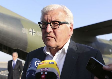 © Reuters. Germany's Foreign Minister Frank-Walter Steinmeier speaks to the media upon his arrival to Baghdad International Airport