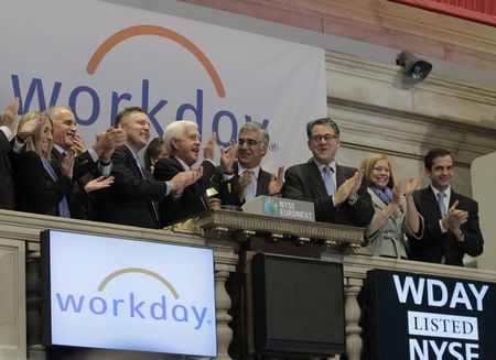 © Reuters. Workday Inc. Co-Founders Bhusri and Duffield ring the opening bell at the New York Stock Exchange