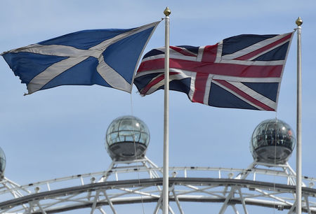 © Reuters. The Scottish saltire flag and Union flag fly outside the Scottish Office in central London