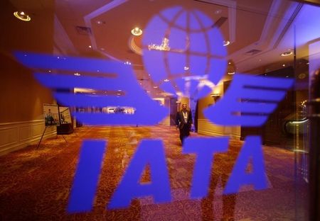 © Reuters. A delegate of the 68th International Air Transport Association (IATA) annual general meeting is pictured through an IATA logo in Beijing