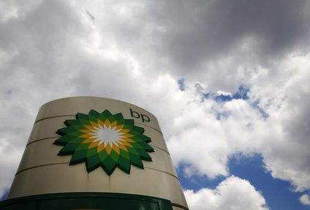 © Reuters. Signage for a BP petrol station is pictured in London