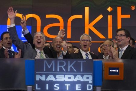 © Reuters. Markit CEO Uggla celebrates during the company's market debut at the Nasdaq stock market in New York