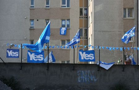 © Reuters. 'YES' campaign flags fly from a fence near a tower block in Edinburgh