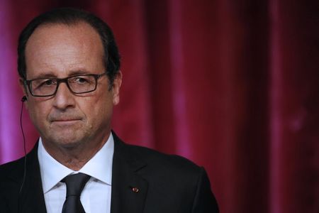 © Reuters. French President Francois Hollande addresses journalists after a meeting at the Elysee Palace in Paris