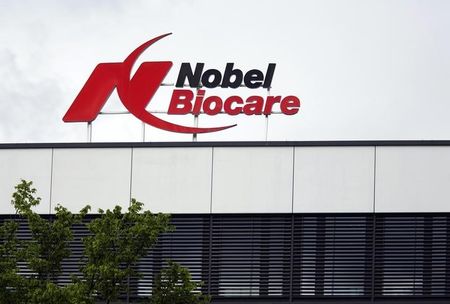 © Reuters. Logo of Swiss medical device maker Nobel Biocare is pictured at the company's headquarters in Zurich