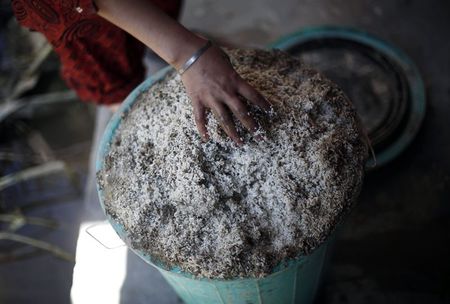 © Reuters. A Kashmiri woman opens a drum of destroyed rice due to flood in Srinagar