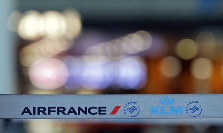 © Reuters. A barrier tape of Air France-KLM is pictured at the Marseille-Provence airport on the second day of an Air France one-week strike