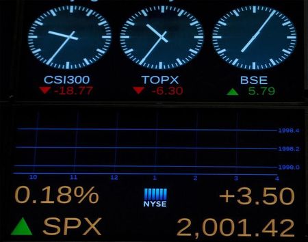 © Reuters. A screen displays the S&P 500 after passing the 2000 mark just after the opening bell over the floor of the New York Stock Exchange
