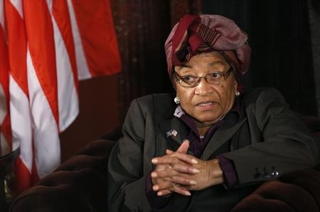 © Reuters. Liberian President Johnson-Sirleaf speaks during an interview with Reuters in Brussels