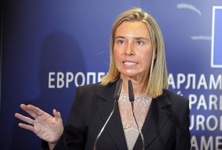 © Reuters. EU Foreign Policy Chief Federica Mogherini holds a news conference at the European Parliament in Brussels