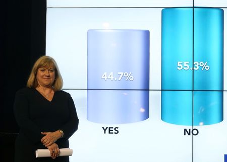 © Reuters. Chefe do comitê de contagem dos votos do referendo da Escócia posa para foto ao lado de gráfico com resultado final