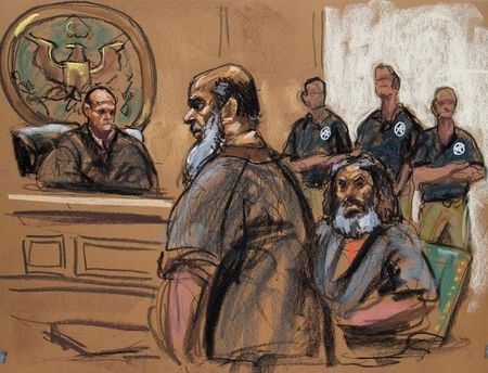 © Reuters. Terror suspects Khalid al-Fawwaz and Adel Abdul Bary are seen in this courtroom sketch during a court appearance in Manhattan Federal Court in New York