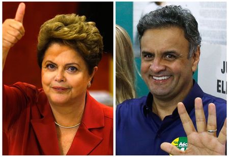 © Reuters. Combination photo shows Brazil's presidential candidates Rousseff and Neves gesturing to photographers after voting at their respective voting stations in Porto Alegre and Belo Horizonte