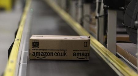 © Reuters. A parcel travels along a conveyer belt at Amazon's new distribution center in Brieselang