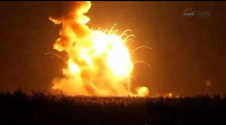 © Reuters. An unmanned Antares rocket is seen exploding seconds after lift off from a commercial launch pad in this still image from NASA video at Wallops Island