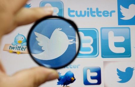 © Reuters. A person holds a magnifying glass over a computer screen displaying Twitter logos