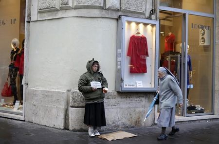 © Reuters. Una donna chiede l'elemosina in una strada centrale di Roma