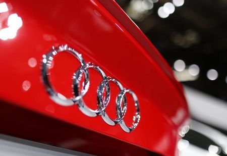 © Reuters. An Audi logo is seen on a car displayed on media day at the Paris Mondial de l'Automobile
