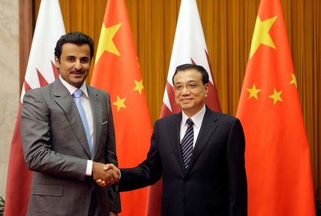 © Reuters. Qatar's Emir Sheikh Tamim bin Hamad al-Thani shakes hands with China's Premier Li Keqiang in Beijing