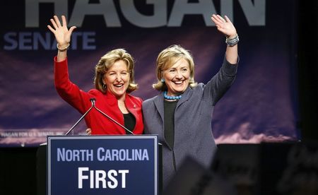 © Reuters. File picture shows U.S. Senator Kay Hagan waving along with former U.S. Secretary of State Hillary Clinton before Clinton speaks during a campaign event in Charlotte