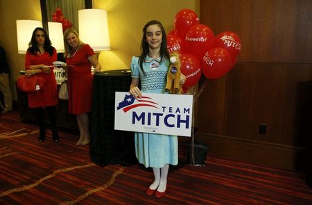 © Reuters. 10-year-old Baiano holds sign supporting U.S. Senate Minority Leader Mitch McConnell's re-election at the site of his midterm election night rally in Louisville