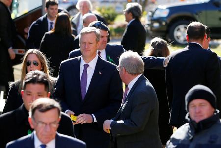 © Reuters. Candidate for governor Charlie Baker arrives at the funeral for Mayor Thomas Menino in Hyde Park