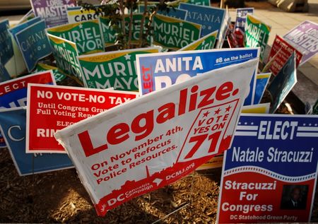 © Reuters. DC Cannabis Campaign sign is seen with other signs in Washington