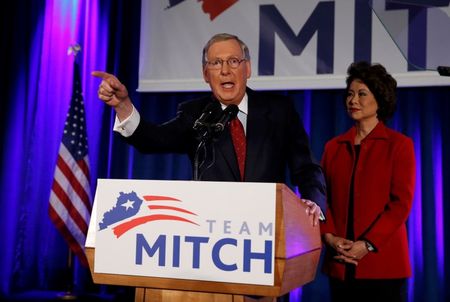 © Reuters. U.S. Senate Minority Leader Mitch McConnell addresses supporters with his wife Elaine Chao at his midterm election night rally in Louisville