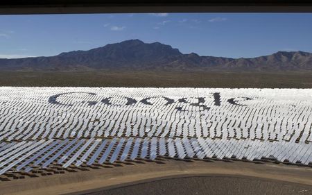 © Reuters. The Google logo is spelled out in heliostats \during a tour of the Ivanpah Solar Electric Generating System in the Mojave Desert near the California-Nevada border