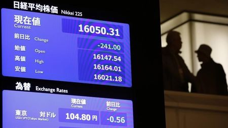 © Reuters. Electronic board showing the Nikkei share average and the Japanese yen's exchange rate against the U.S. dollar during the New Year opening ceremony at the TSE, held to wish for the success of Japan's stock market, in Tokyo