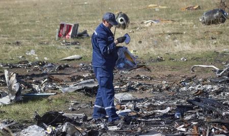 © Reuters. An Emergencies Ministry member searches for belongings at the site where the downed Malaysia Airlines flight MH17 crashed, near the village of Hrabove (Grabovo) in Donetsk region