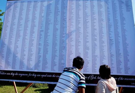 © Reuters. A couple looks at a list of Typhoon Haiyan victims buried at a mass grave for residents who perished during the onslaught of the typhoon a year ago in Tacloban city, central Philippines