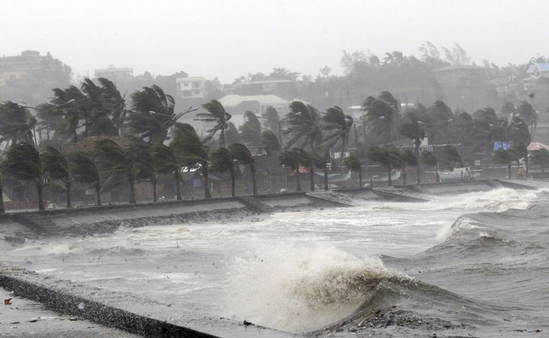 © Reuters. Strong winds and waves brought by Typhoon Hagupit pound the seawall in Legazpi City, Albay province southern Luzon