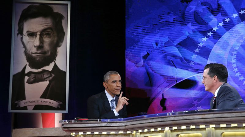 © Reuters. President Obama appers on The Colbert Report in Washington