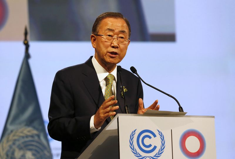 © Reuters. United Nations Secretary-General Ban Ki-moon gives a speech during the opening of the High Level Segment of the U.N. Climate Change Conference COP 20 in Lima