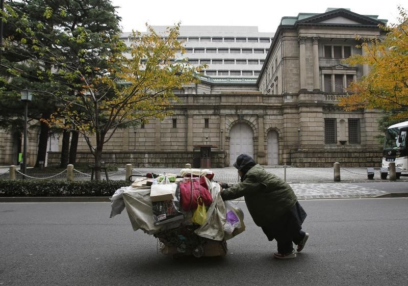 © Reuters. A man pushes a cart loaded with his belongings outside the Bank of Japan headquarters in Tokyo