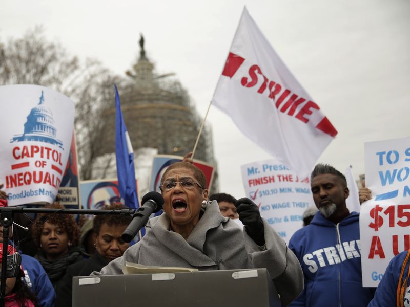 © Reuters. District of Columbia Congressional delegate Eleanor Holmes Norton speaks to low wage U.S. federal contract workers at a strike rally in Washington