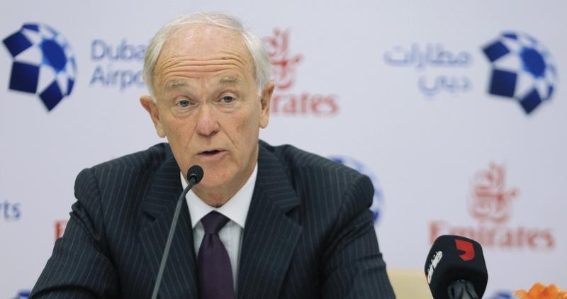 © Reuters. President of Emirates Airlines Tim Clark speaks during a news conference at the Emirates Terminal at Dubai International Airport