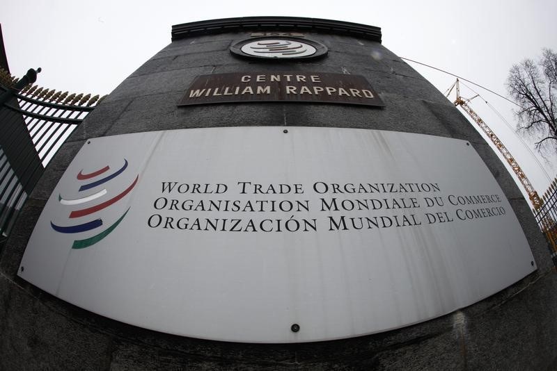© Reuters. The World Trade Organization WTO logo is seen at the entrance of the WTO headquarters in Geneva