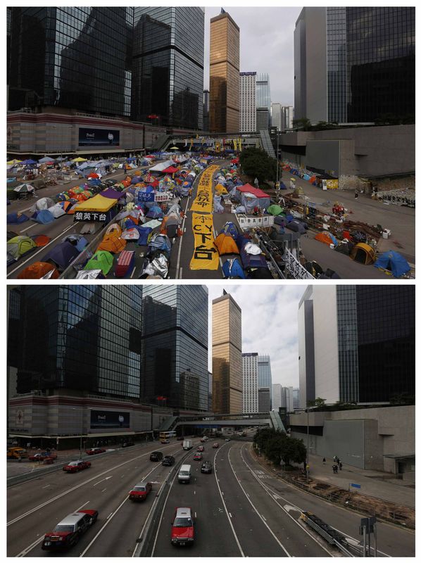 © Reuters. Fotos mostram antes e depois de protestos em Hong Kong, após polícia ter retirado manifestantes que bloqueavam uma via principal