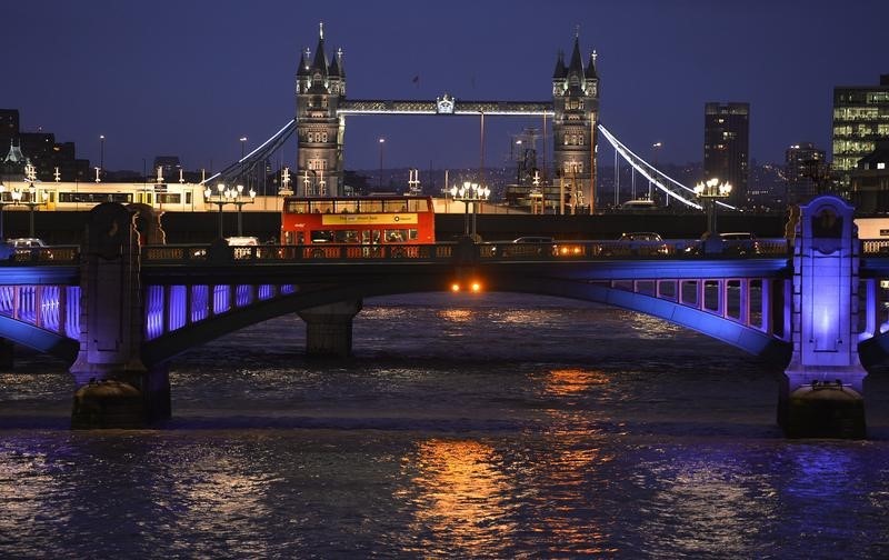 © Reuters. A London bus crosses the River Thames on London Bridge during the evening rush hour with Tower Bridge seen behind in London